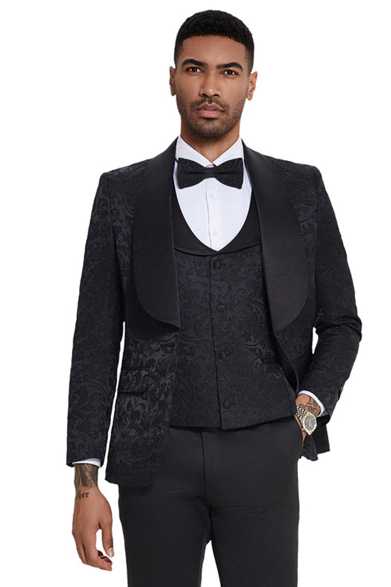 Men’s Designer Wedding & Prom Shawl Lapel Vested Paisley Tuxedo in Black