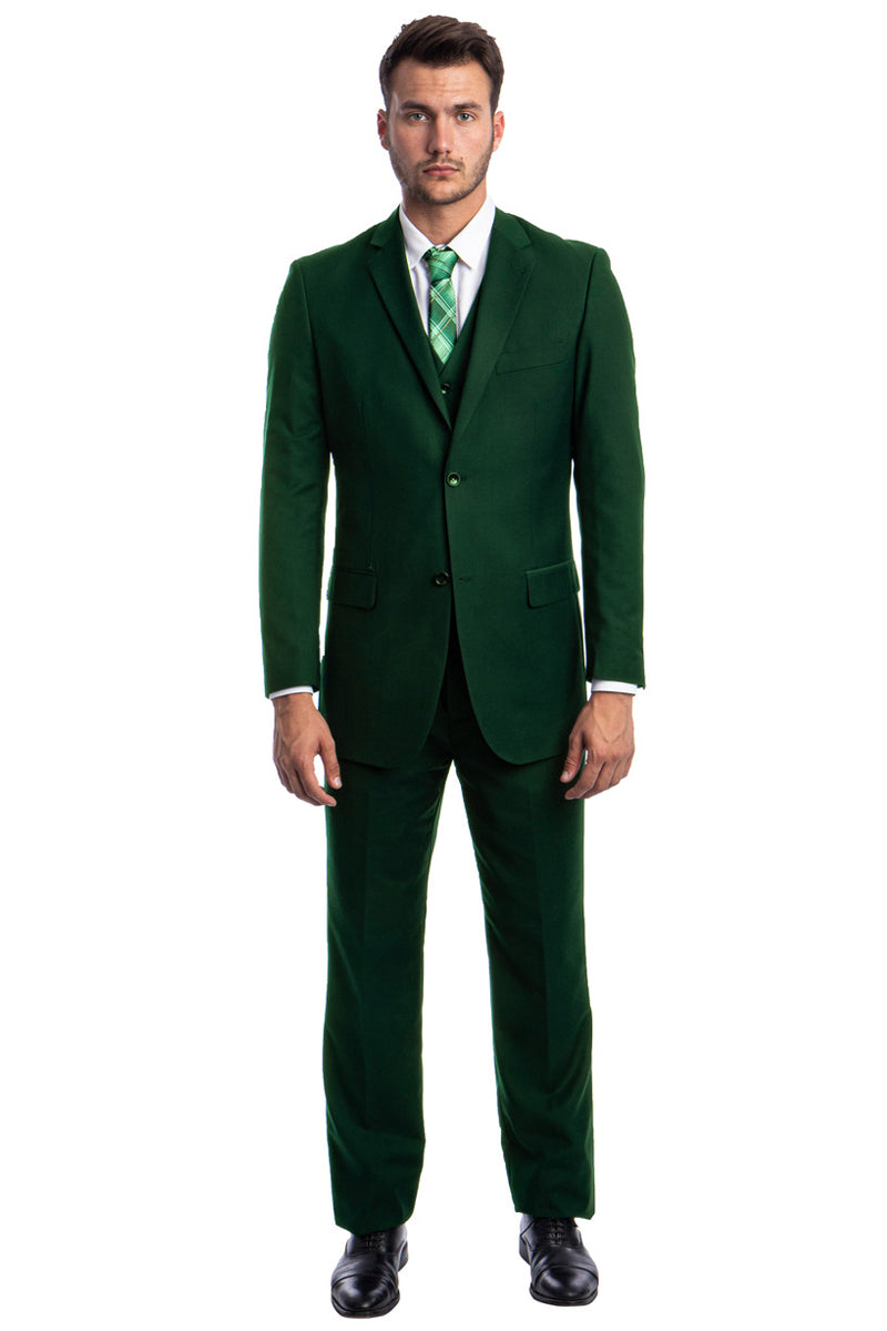 Men’s Vested Two Button Solid Color Wedding & Business Suit in Hunter Green