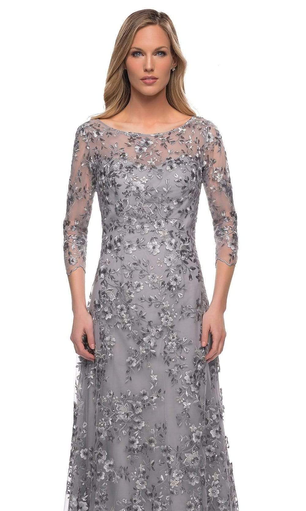 29903 Floral Embroidered Sheer Sleeve Gown