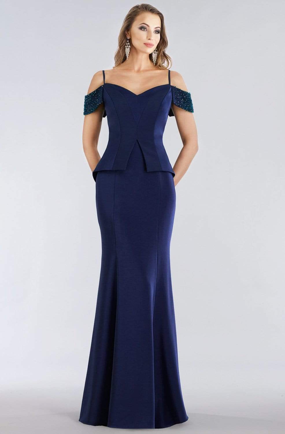 12954 Jeweled Arm Drape Off Shoulder Trumpet Gown