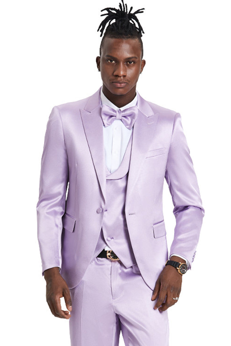 Men’s One Button Vested Shiny Satin Sharkskin Prom & Wedding Party Suit in Lavender