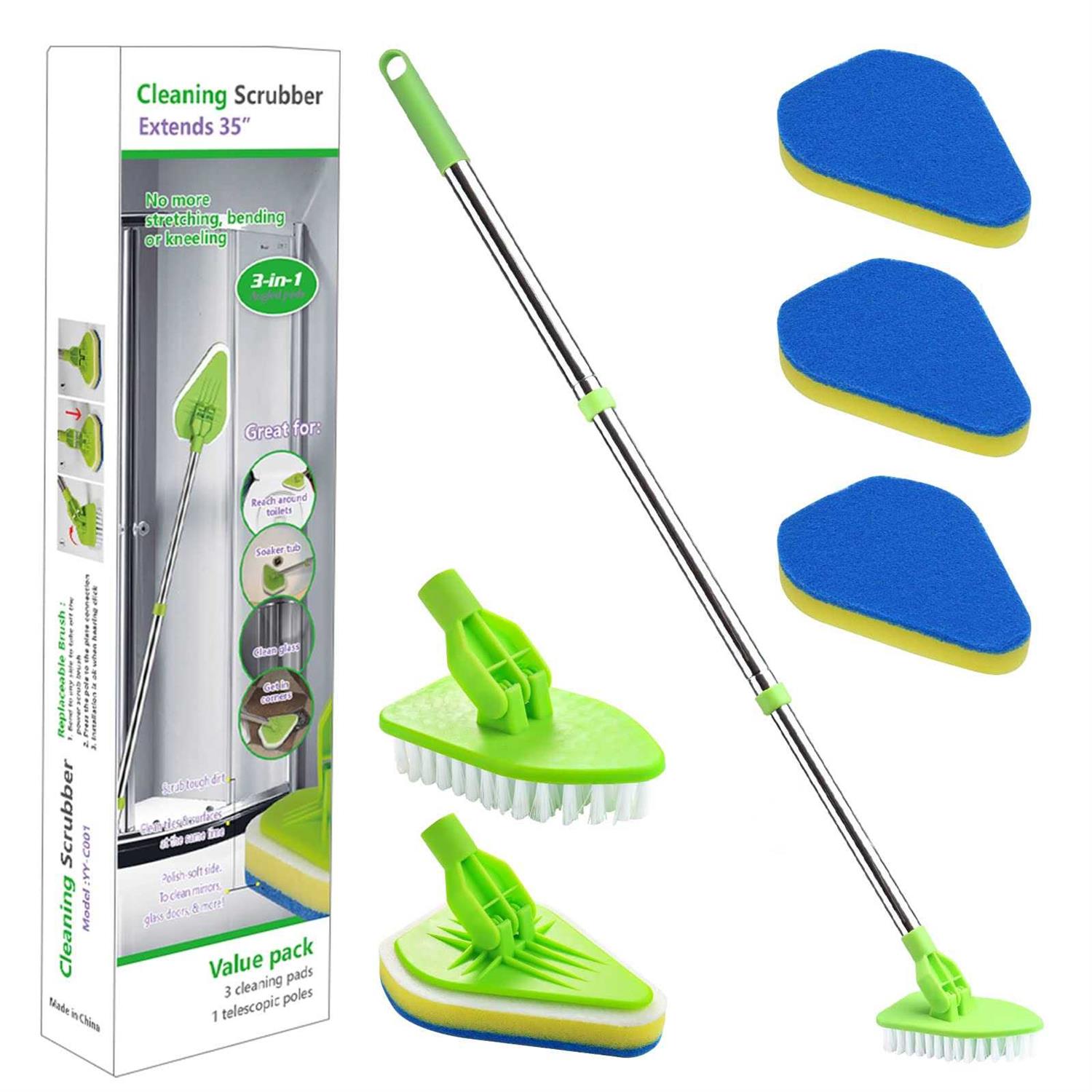 3 in 1 Scrub Cleaning Brush with Long Handle 37&”, Floor Scrubber Brush Set with 1 Stiff Bristles and 3 Sponge Brush for Cleaning Bathtub Shower
