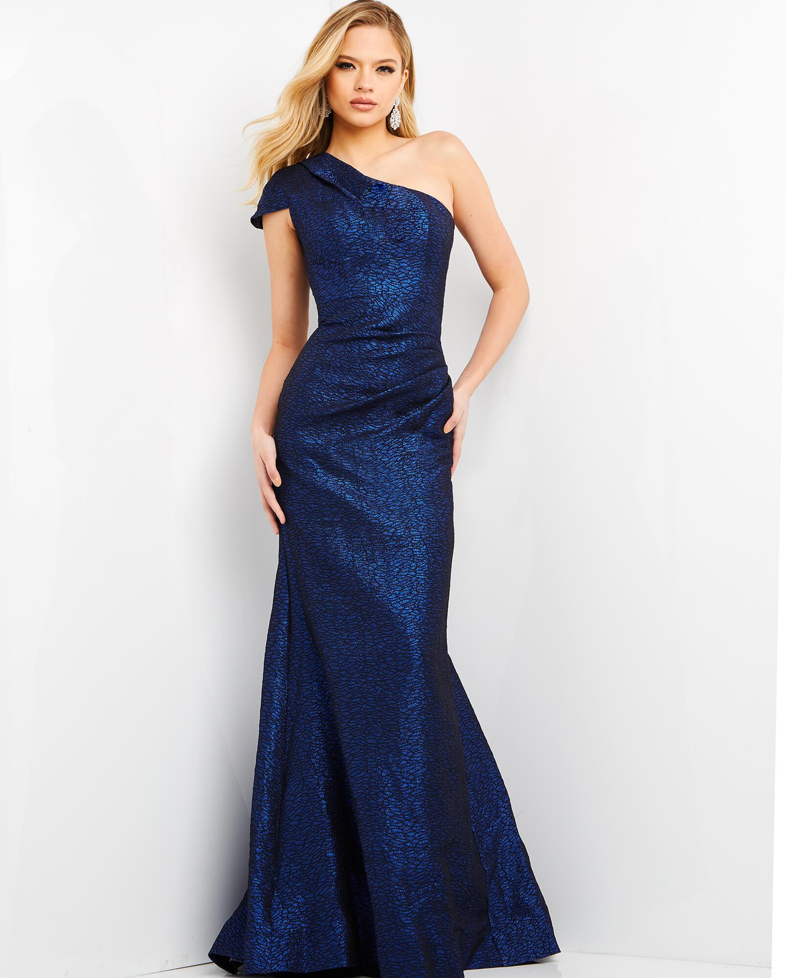 06751 One Shoulder Metallic Jacquard Junior Prom Dress