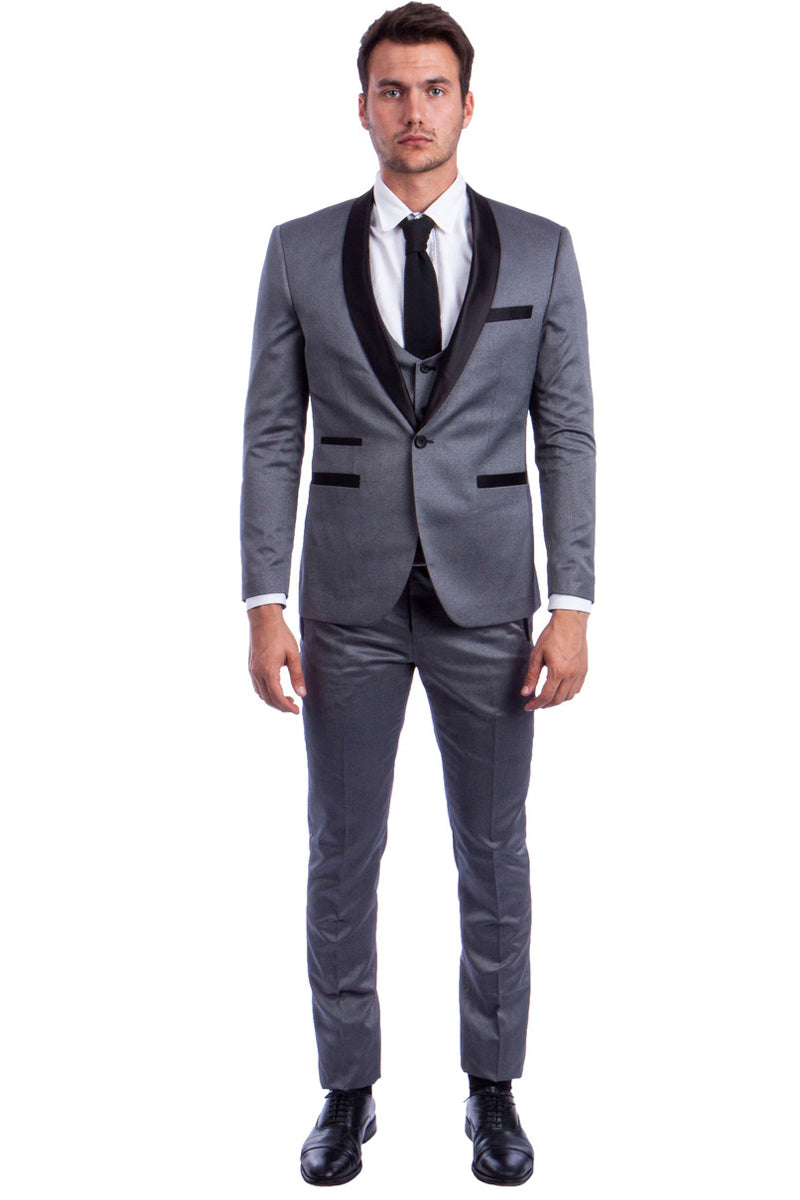 Men’s One Button Low Cut Vested Shawl Tuxedo in Grey