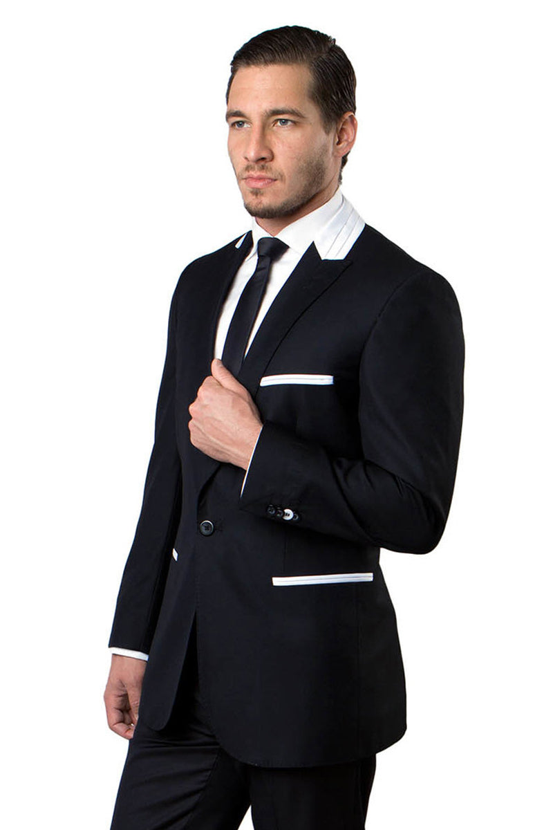 Men’s One Button Peak Lapel Fashion Suit in Black with White Satin Collar & Trim