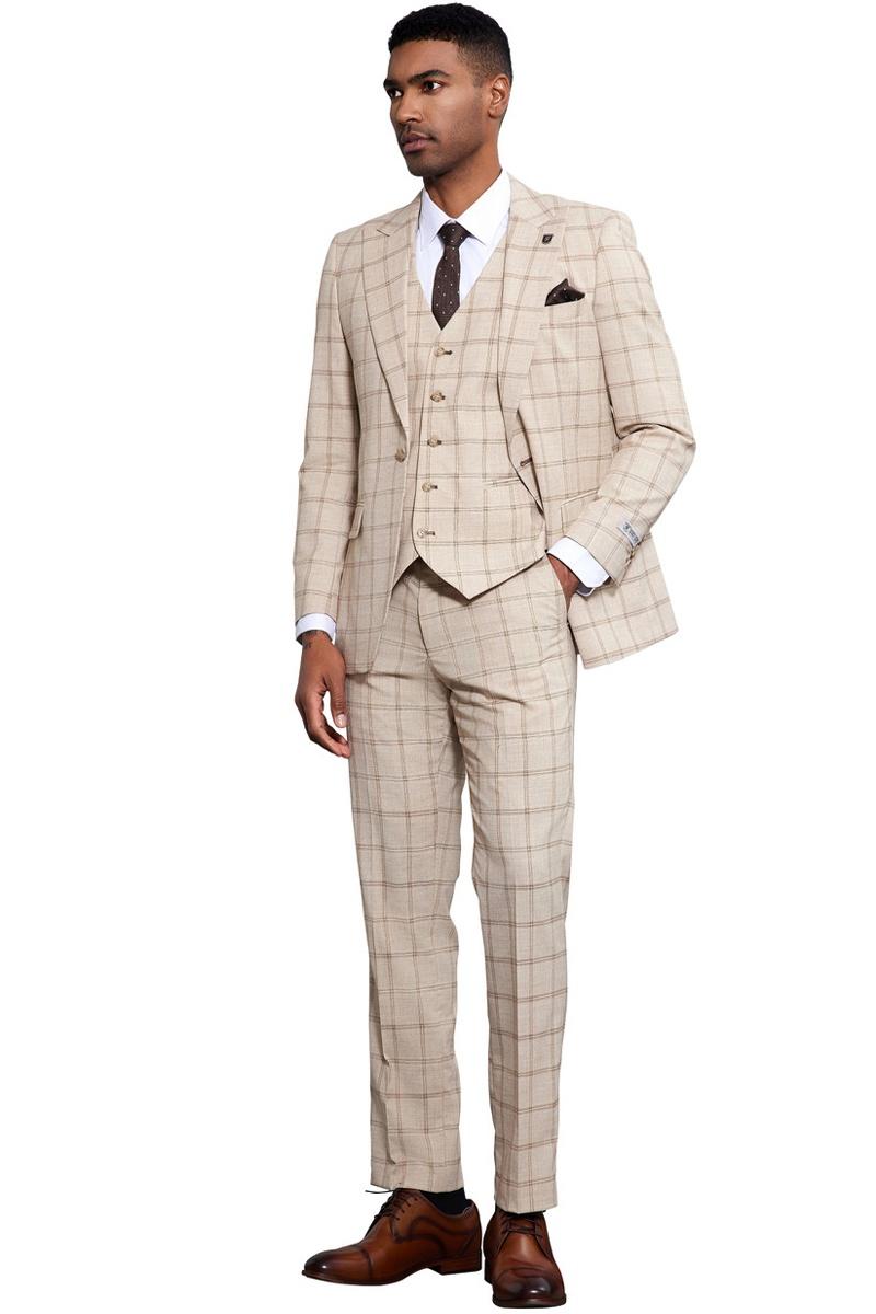 Men’s Stacy Adams One Button Peak Lapel Vested Windowpane Plaid Suit in Tan