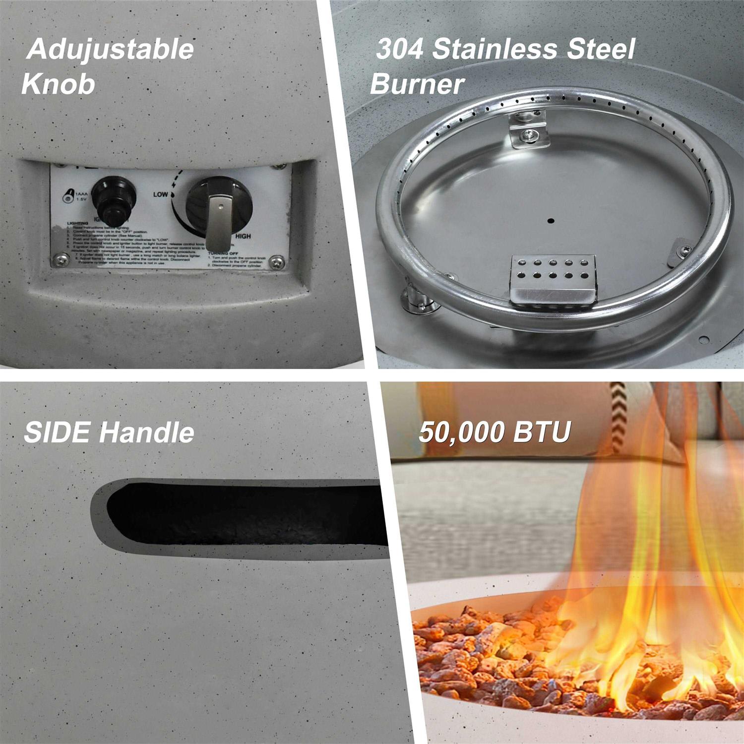 Kante 25 Inch Wide Round Concrete and Metal Outdoor Eco-Friendly Smokeless 50,000 BTU Propane Gas Fire Pit Bowl Table