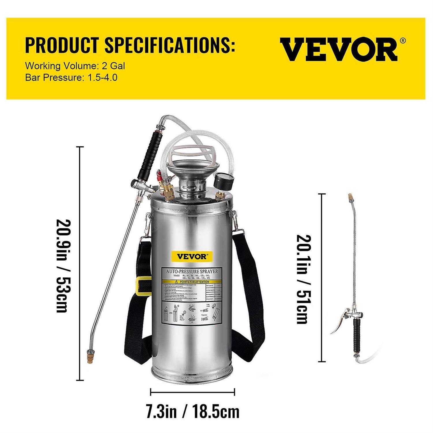 VEVOR 2 Gal Stainless Steel Industrial Hand-Pumped Sprayer PWQBXG8L000000001V0