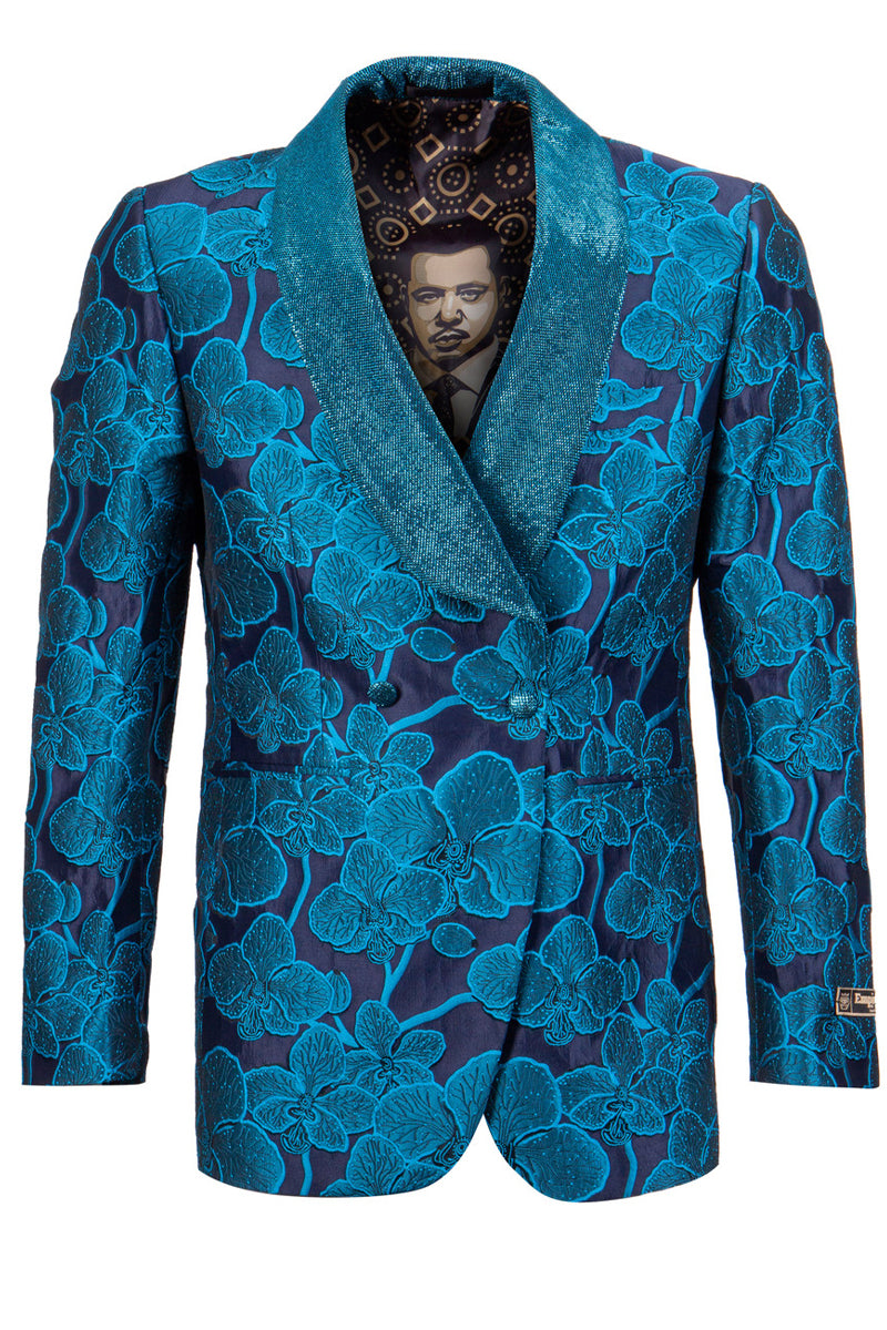 Men’s Double Breasted Shiny Floral Embroidered Tuxedo Dinner Jacket in Turquoise