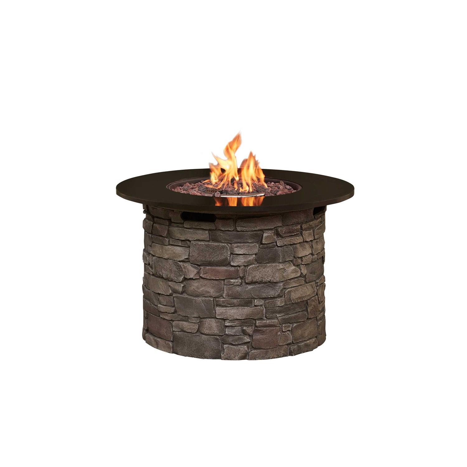 allen + roth Stacked stone Fire Pit Table 36.2-in W 50000-BTU Stacked Grey stone Portable Composite Propane Gas Fire Table