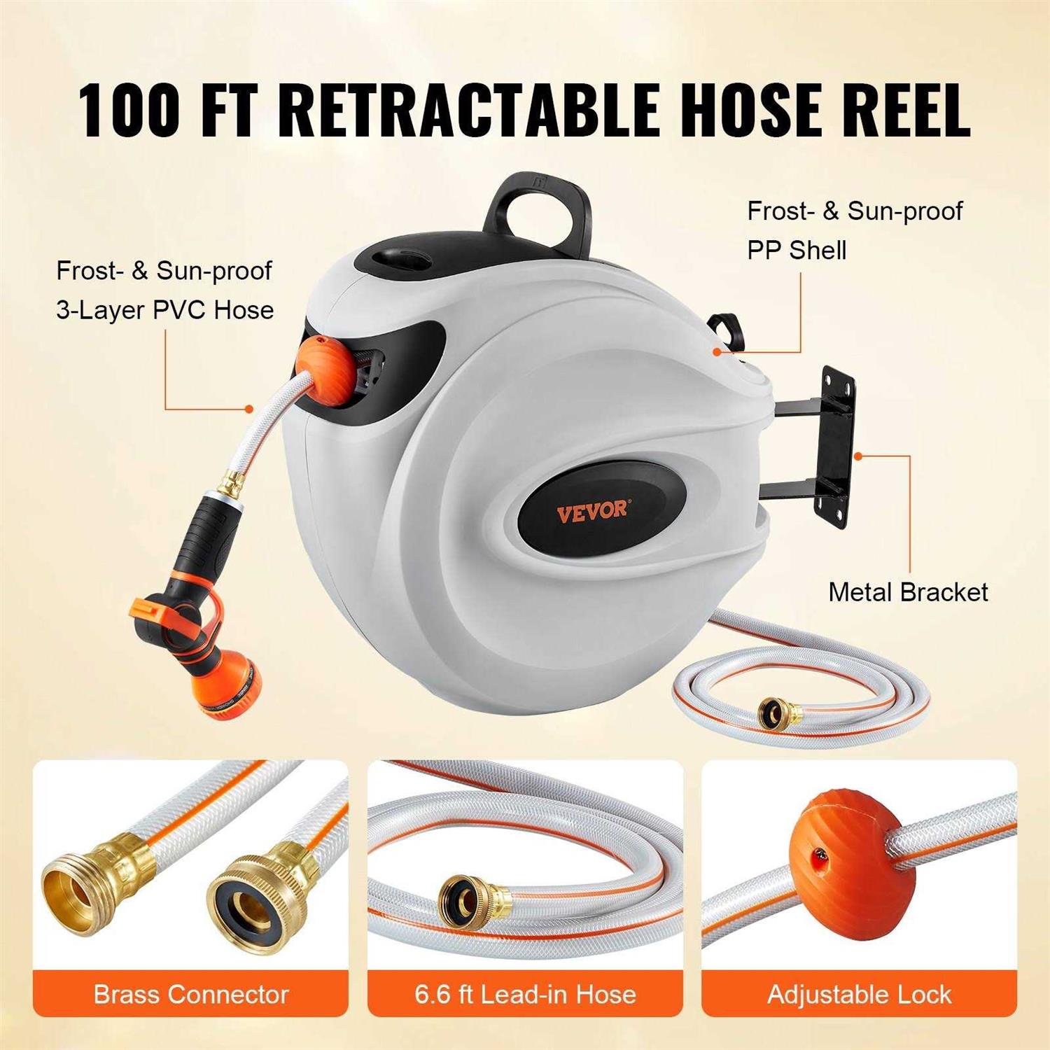 Bentism Retractable Hose Reel 100 ft x 1/2 inch 180 Swivel Bracket Wall-Mounted