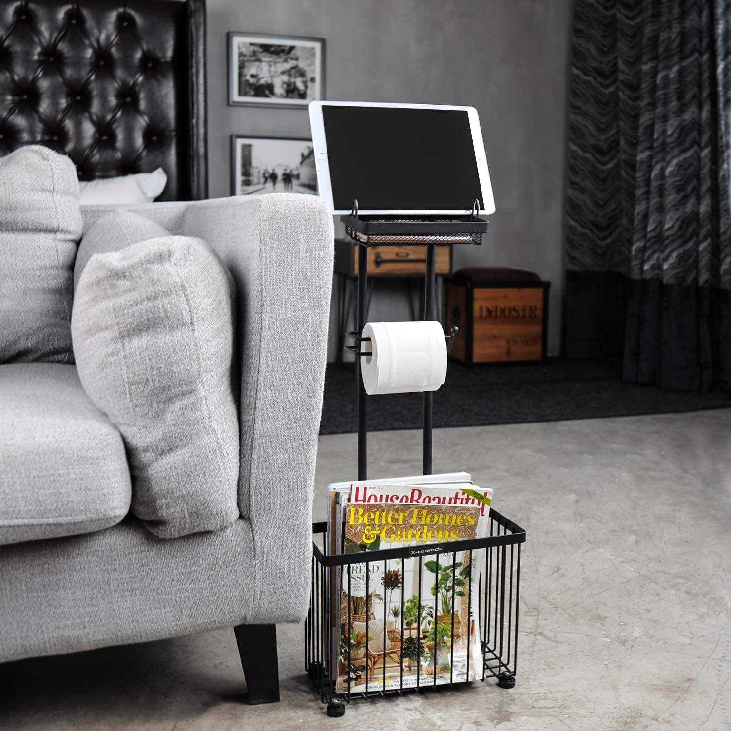 X-cosrack Freestanding Toilet Paper Holder Toilet Tissue Rack Scroll Stand Roll Dispenser with Storage Shelf Reserve for Phone Tablet Magazine