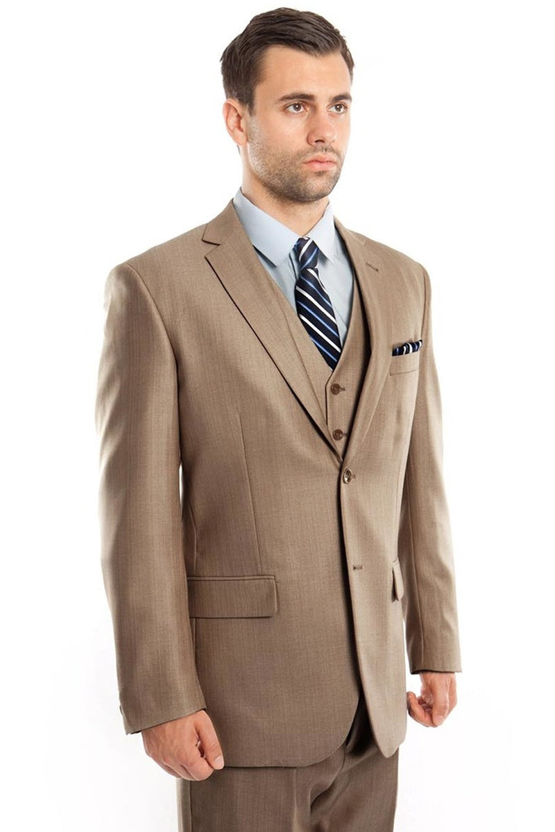 Men’s Two Button Vested Textured Sharkskin Business Suit in Dark Tan