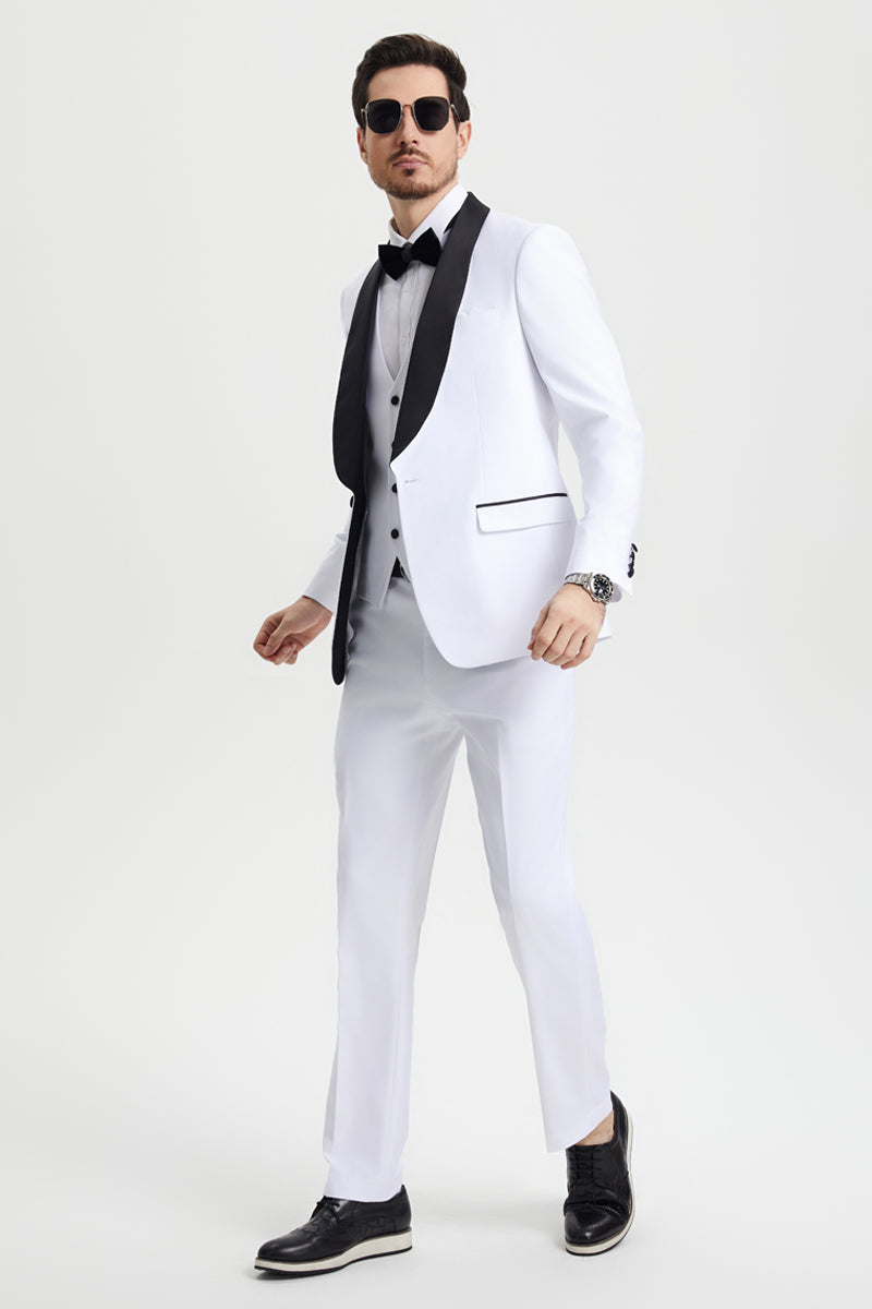 Men’s Stacy Adams Vested One Button Shawl Lapel Designer Tuxedo in White