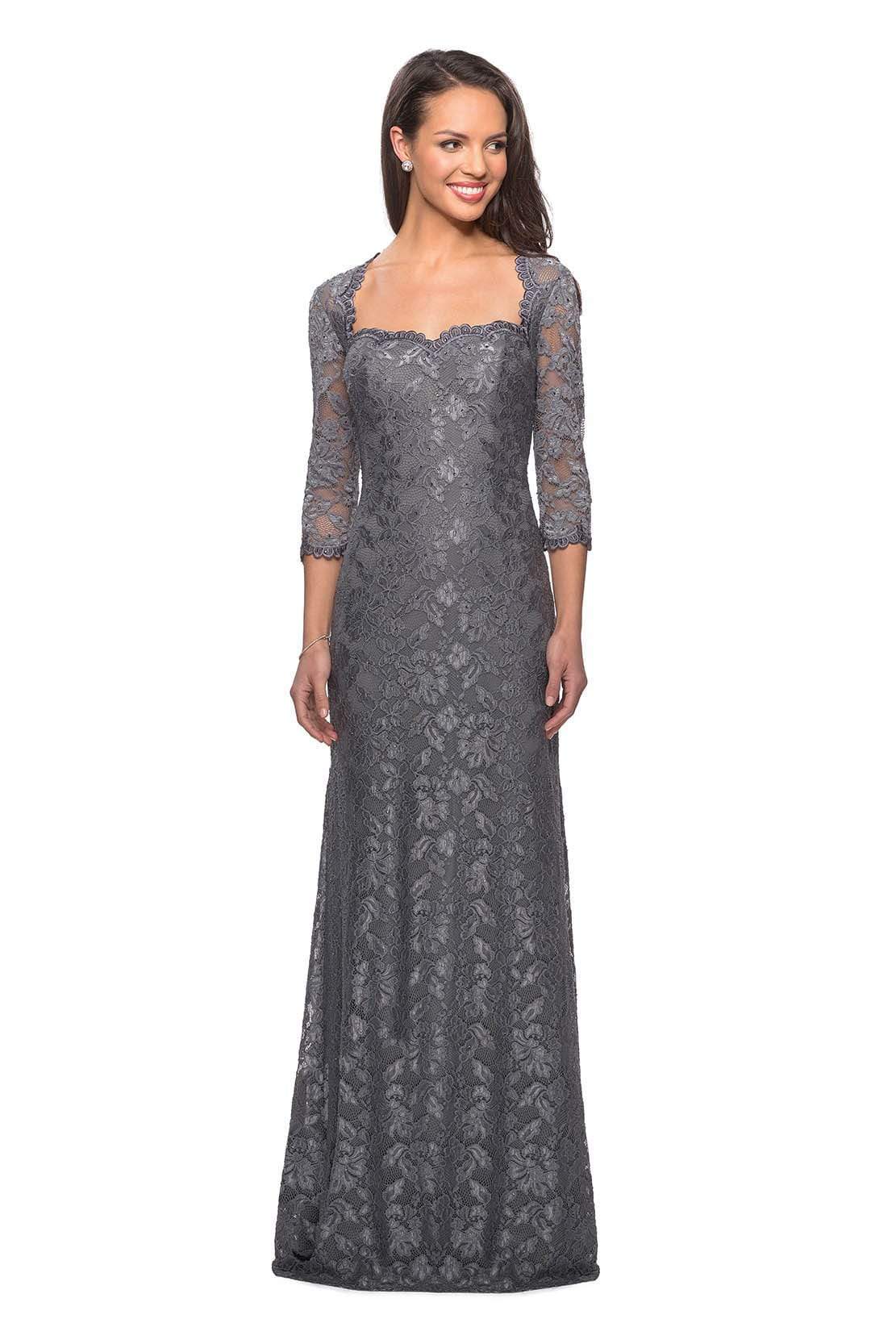 26427 Floral Lace Sheer Quarter Sleeve Sheath Gown