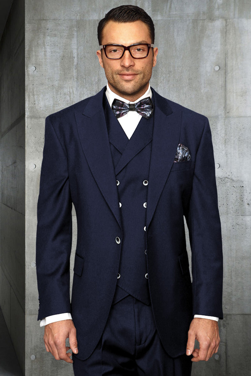 Men’s Designer Vested One Button Peak Lapel Wide Leg Pant Wool Suit in Navy Blue