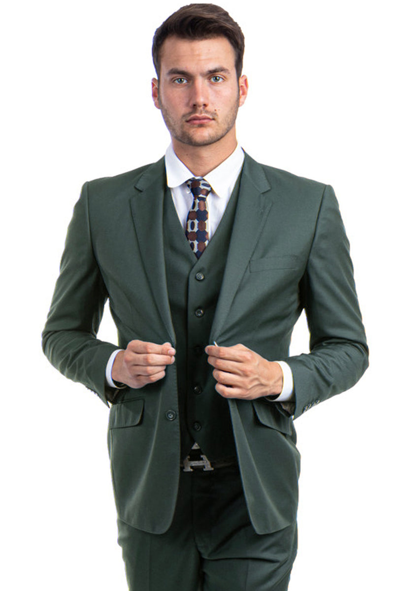 Men’s Designer Two Button Modern Fit Vested Wool Suit in Olive Green