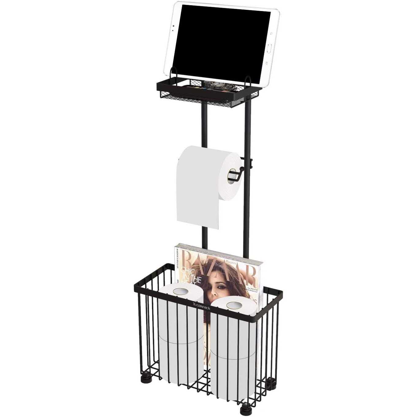 X-cosrack Freestanding Toilet Paper Holder Toilet Tissue Rack Scroll Stand Roll Dispenser with Storage Shelf Reserve for Phone Tablet Magazine