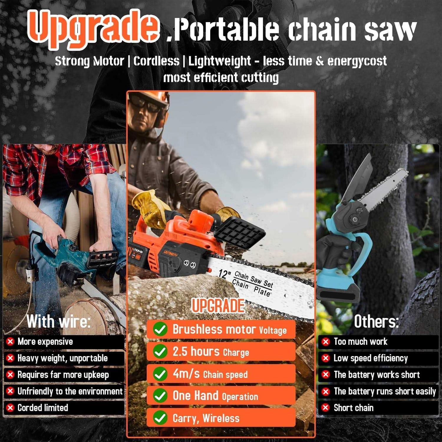 Untimaty 12 inch Cordless Chainsaw, 900w Brushless Motor Battery Operated Chain Saw with 21V Rechargeable 3.0Ah Battery and Charger