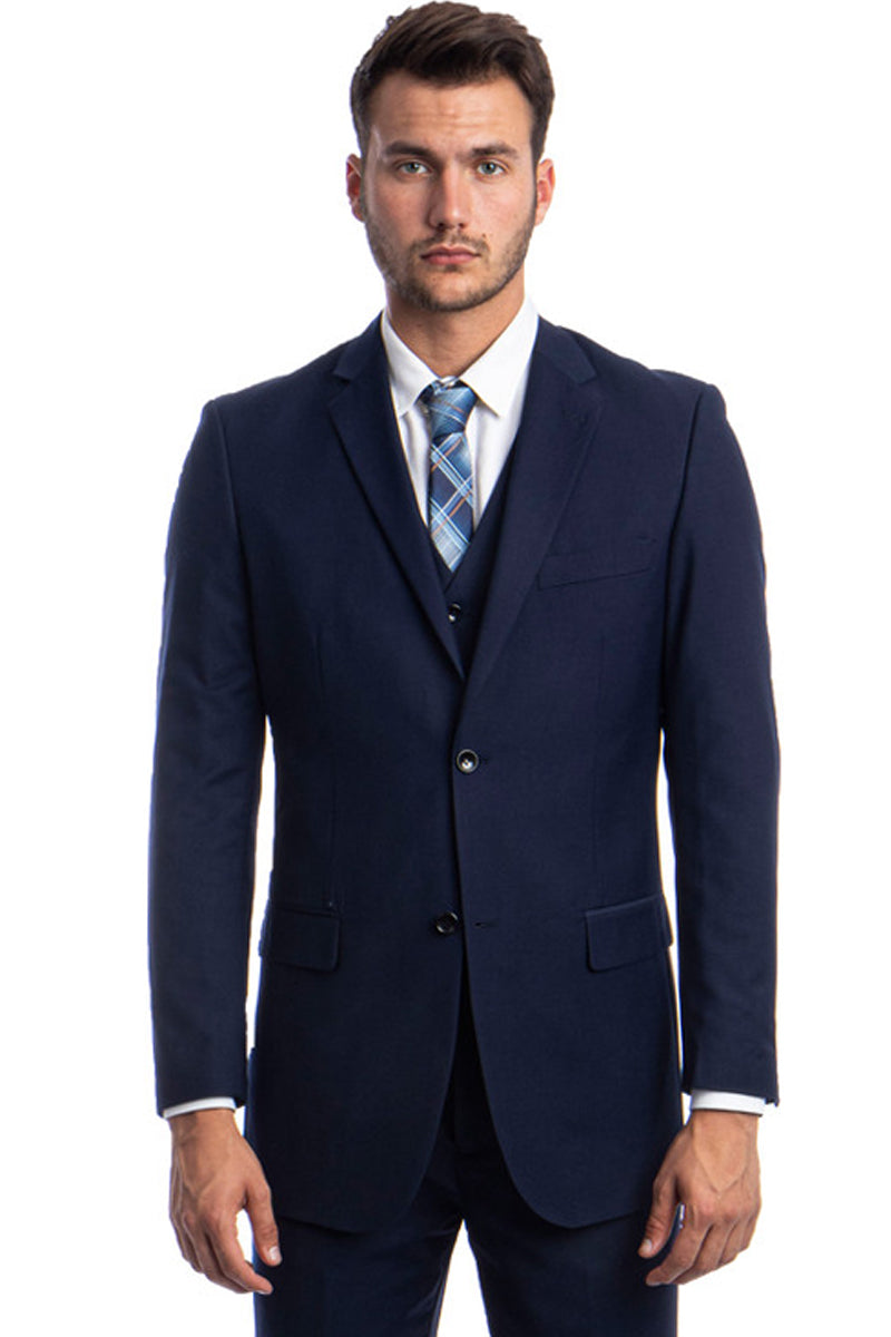 Men’s Vested Two Button Solid Color Wedding & Business Suit in Blue