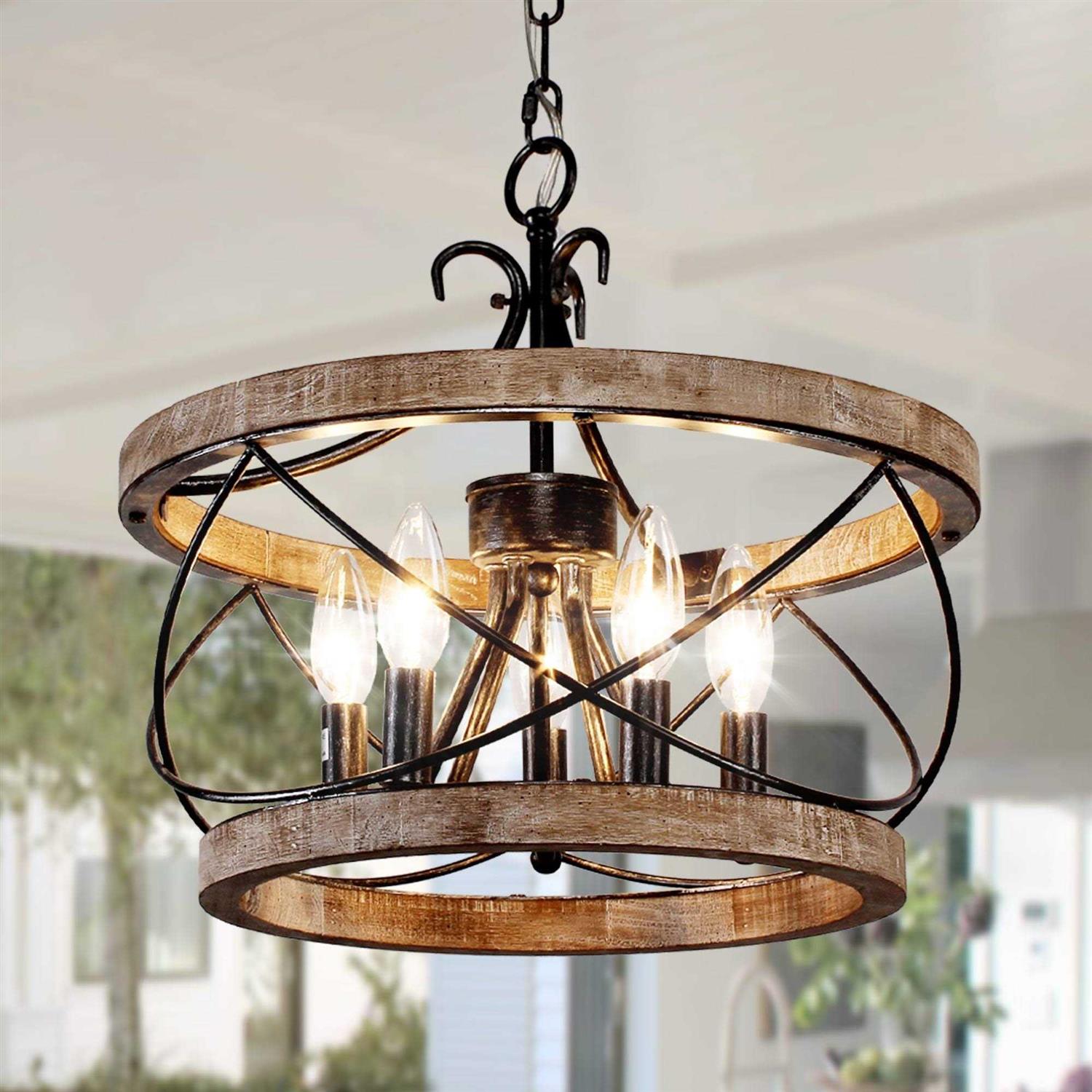 Bella Depot 5-Light Rustic Cage Wood Chandelier Dimmable Lighting FC4059-5H