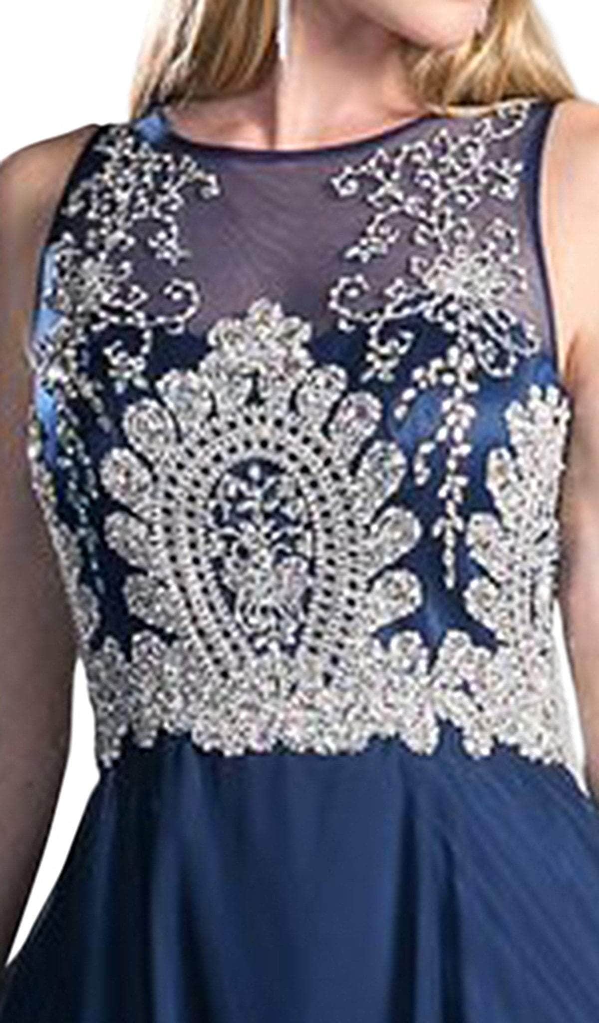 Illusion Metallic Appliqued A-Line Gown