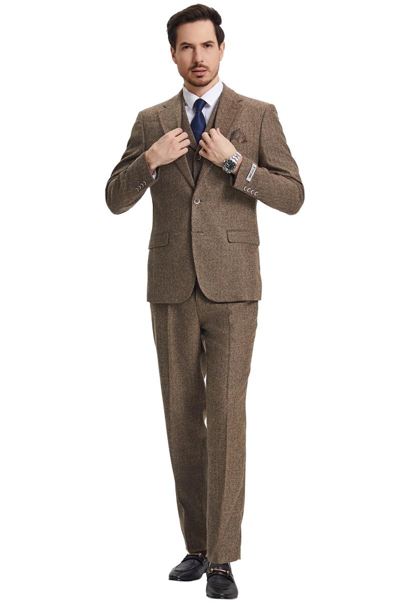 Men’s Stacy Adams Vested Vintage Herringbone Tweed Suit in Light Brown