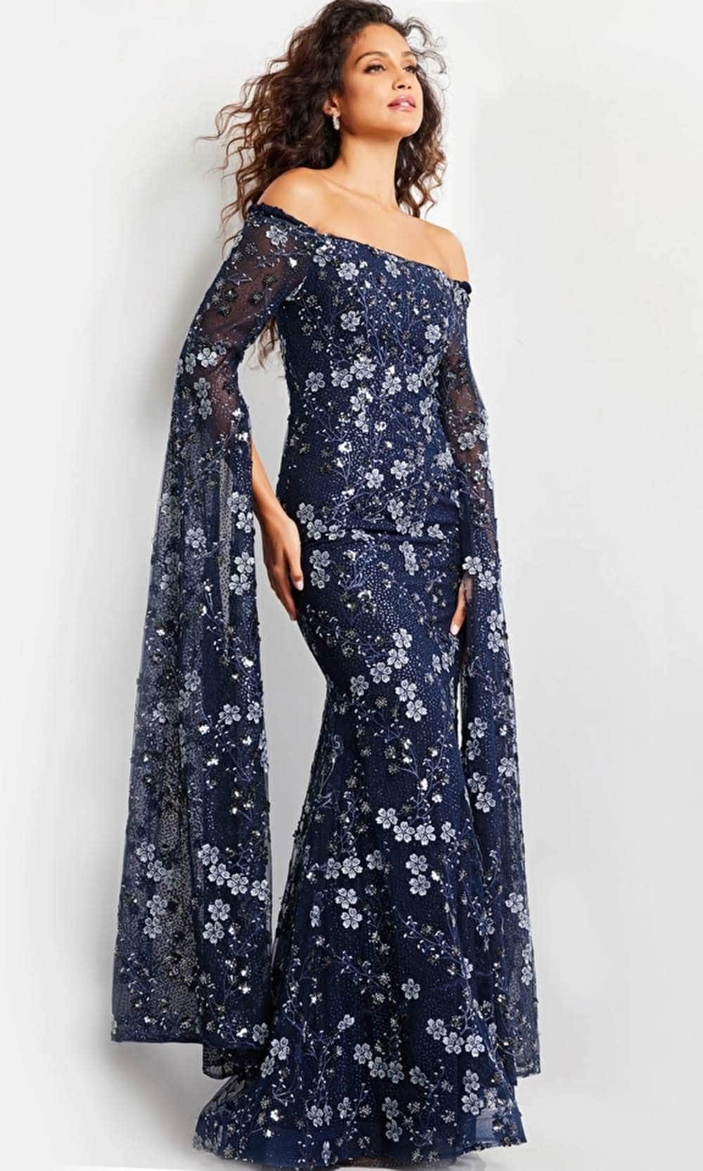 Floral Embroidered Cape Long Gown
