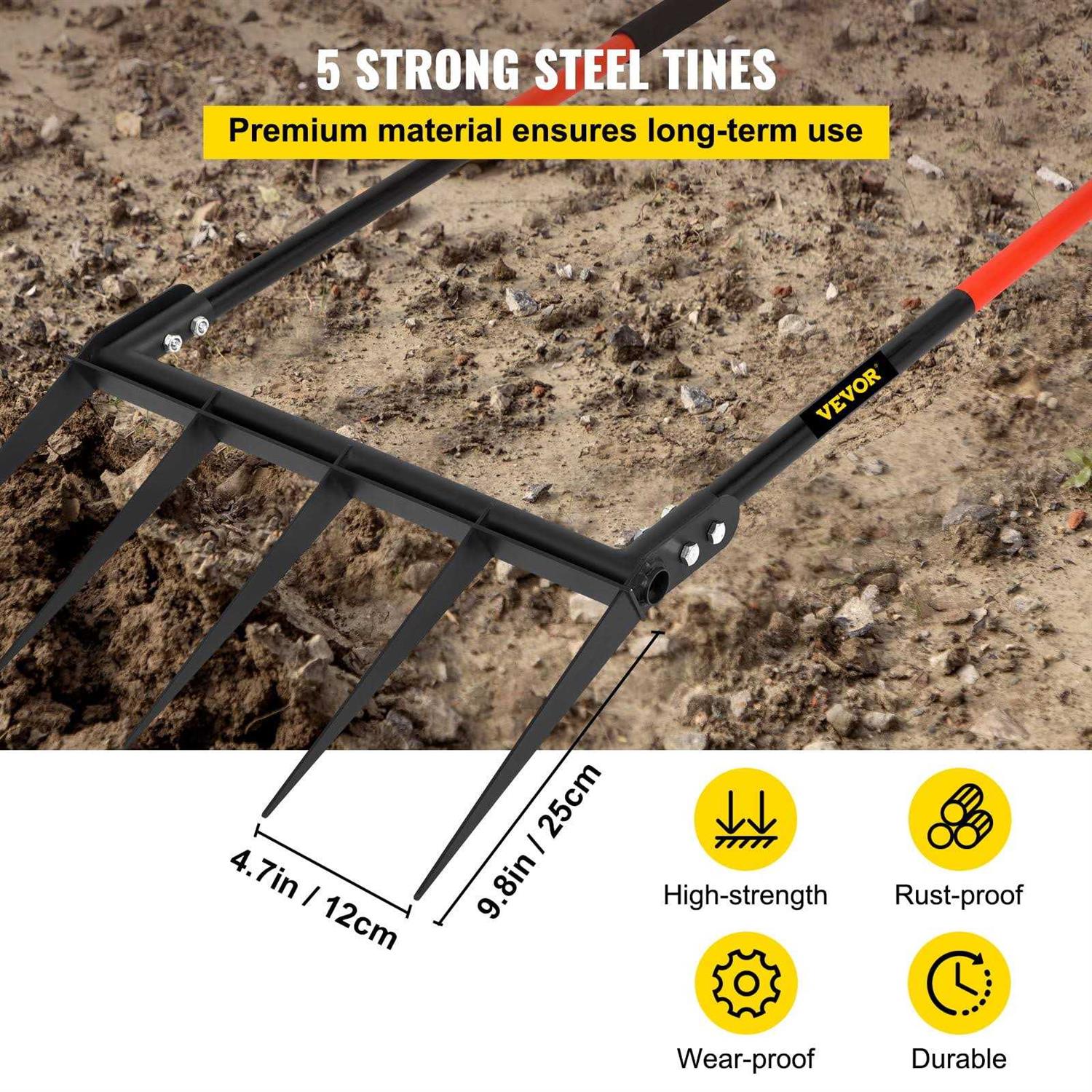 VEVOR Broad Fork Tool, 5 Tines 20 in Wide, Garden Tool with Fiberglass Handle for Gardening and Cultivating