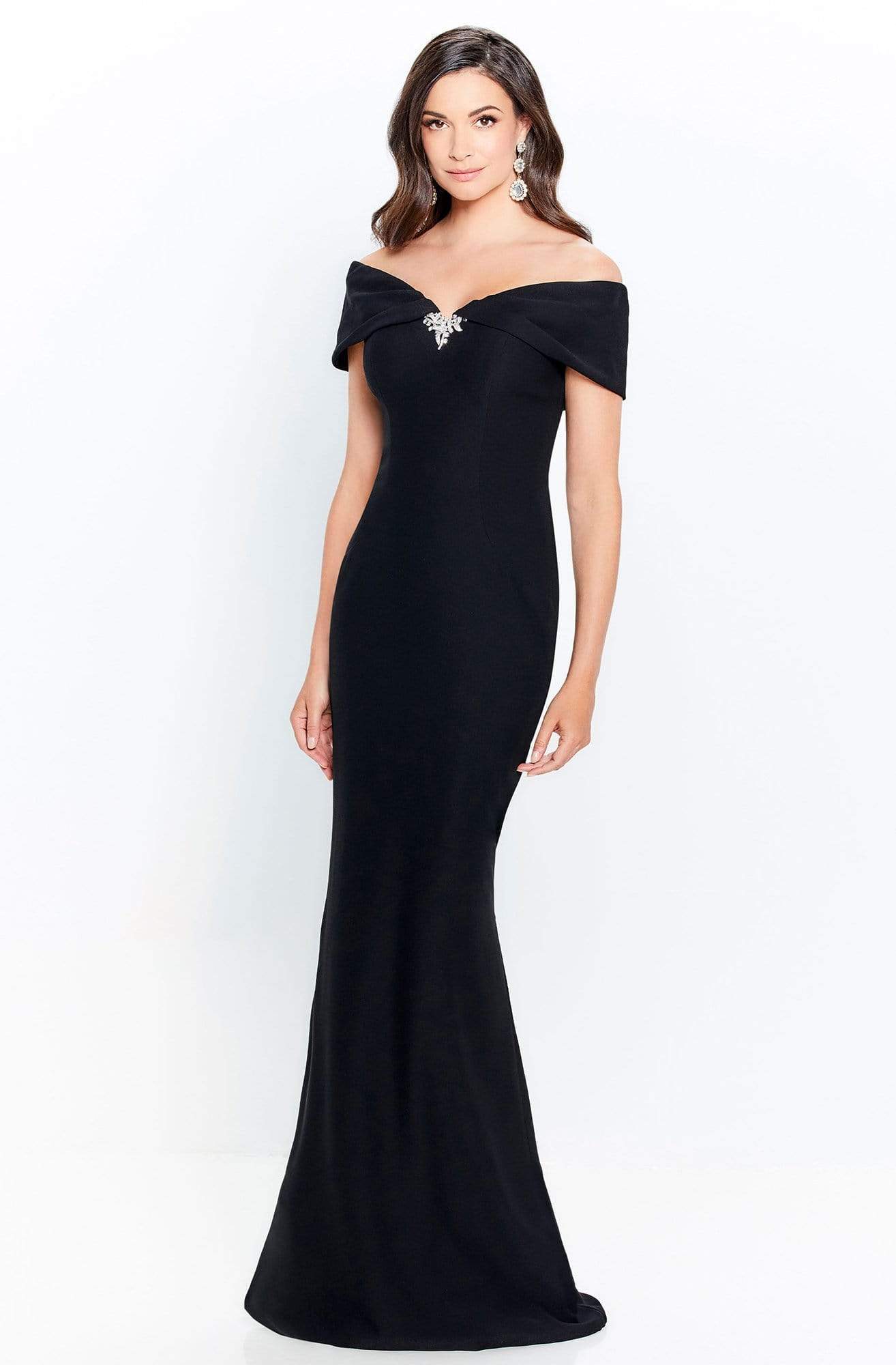 120905 Off Shoulder Brooch Accent Sheath Gown