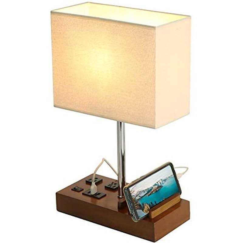 Briever USB Table Lamp, Multi-Functional Bedside Desk Lamp with 2 AC Outlets, 3 USB Charging Ports and Wooden Phone Stand Organizer
