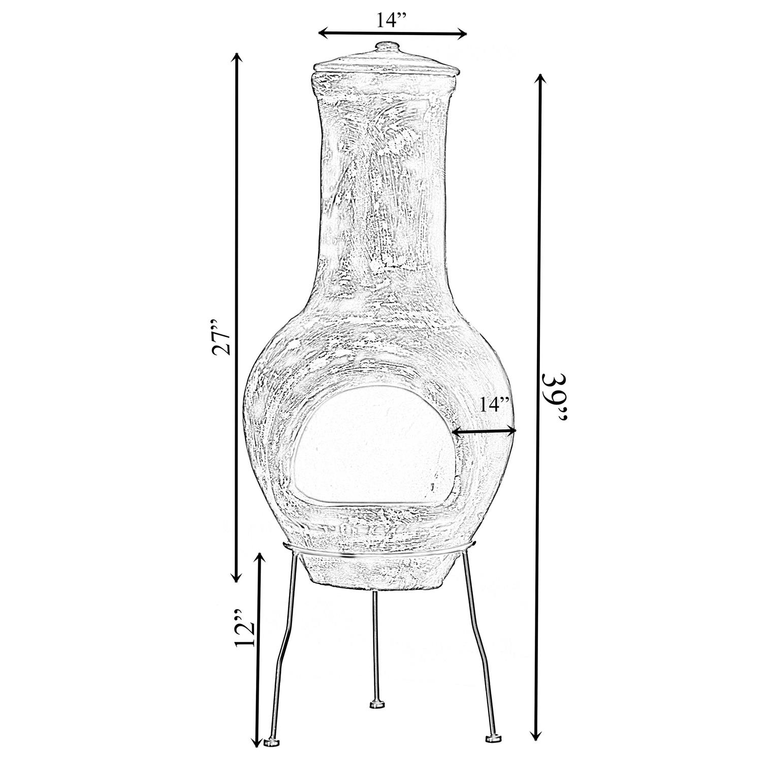 Vintiquewise Gray Outdoor Clay Chiminea Fireplace Stoney Scribbled Design Charcoal Burning Fire Pit with Sturdy Metal Stand