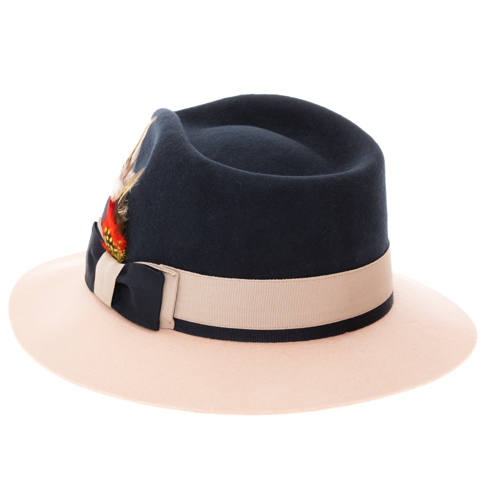Men’s Two Tone Trilby Fedora Dress Hat with Contrast Band in White & Navy