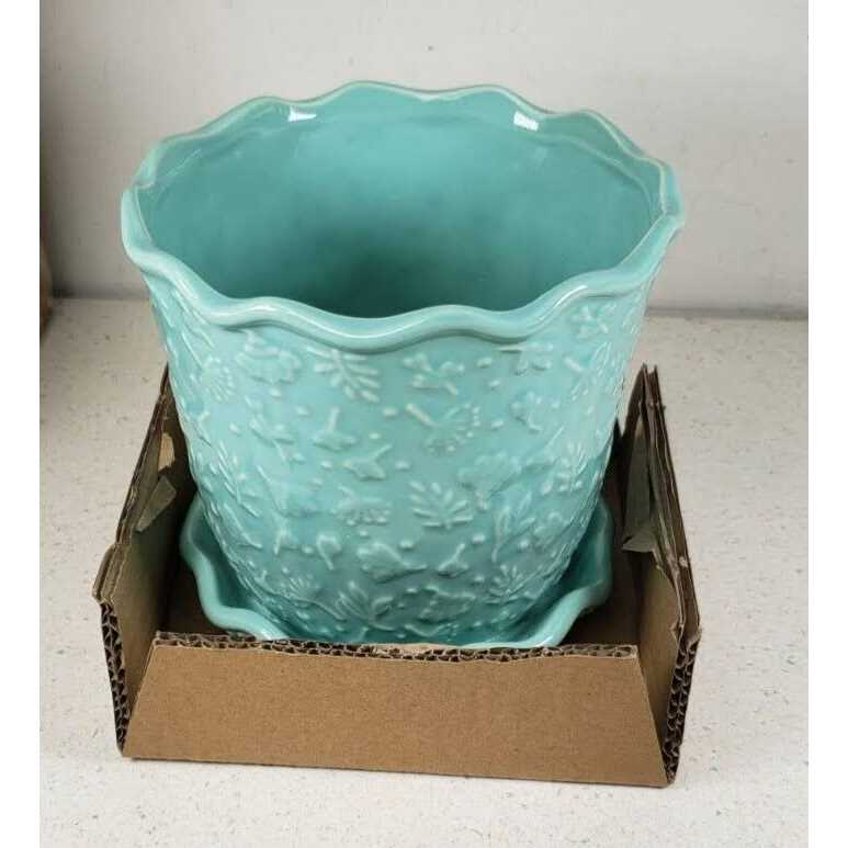 The Pioneer Woman Embossed Daisy Teal Planter