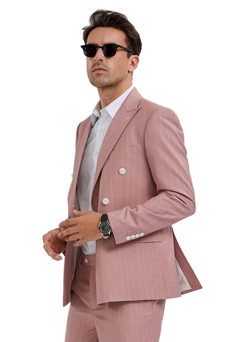 Men’s Slim Fit Double Breasted Bold Gangster Pinstripe Suit in Pink