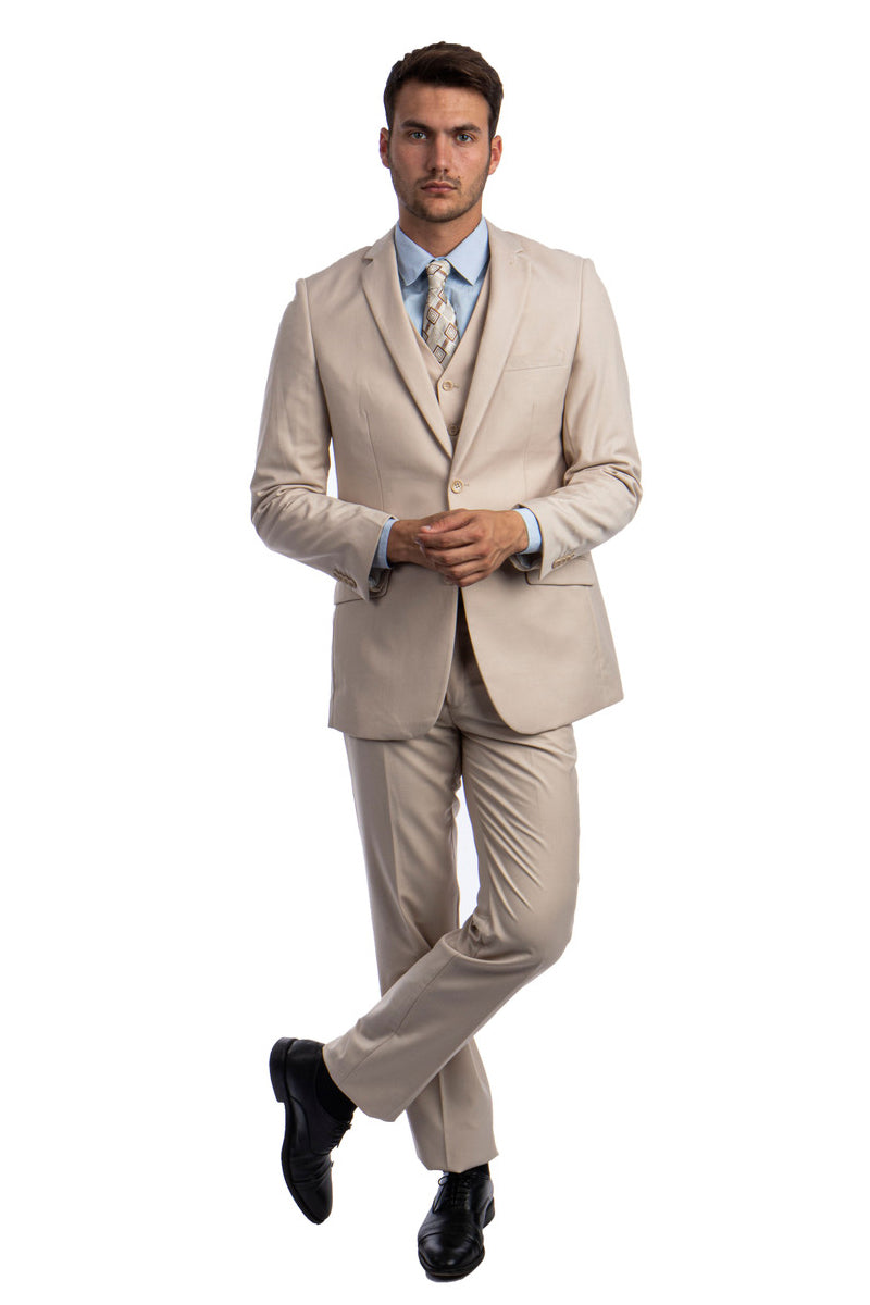 Men’s Two Button Basic Hybrid Fit Vested Suit in Tan