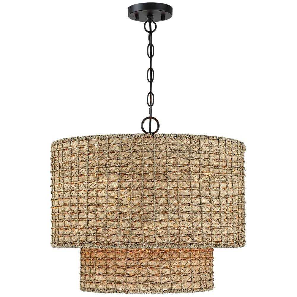 True Fine Elis 20 in. 4-Light Natural Rattan Traditional Drum Pendant Light Black Canopy