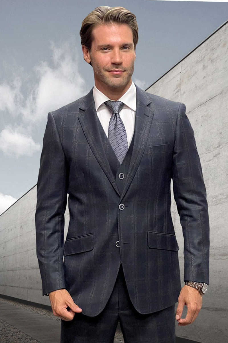 Men’s Designer Vested Wool Suit in Black Double Windowpane Plaid