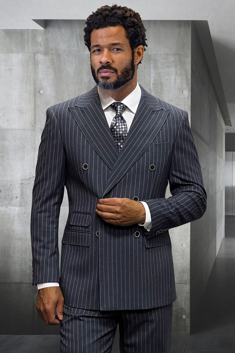 Men’s Designer Classic Fit Double Breasted Wool Pinstripe Suit in Charcoal Grey