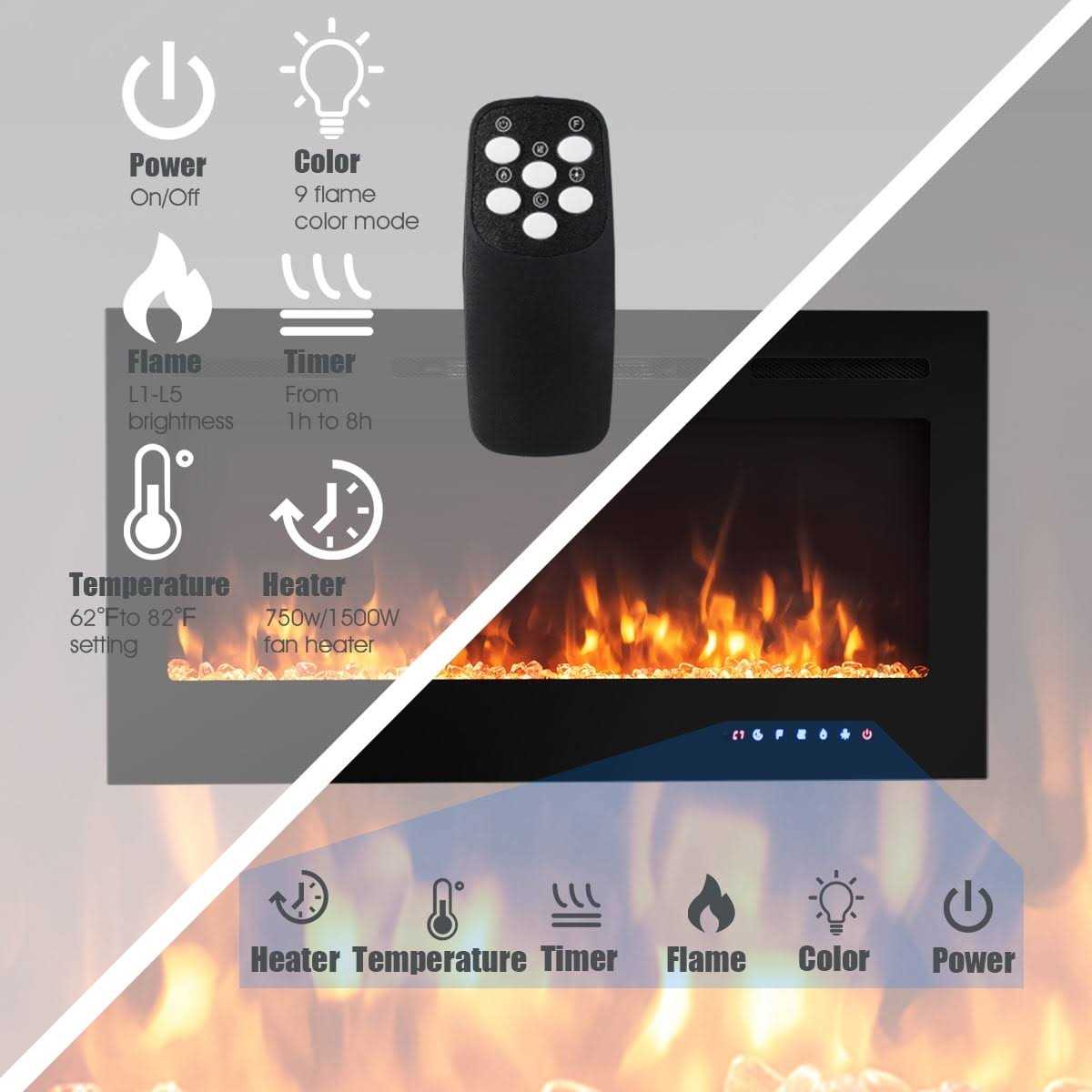 Topbuy Recessed Electric Fireplace Wall Mounted Heater w/Remote Control 750w/1500w mode Adjustable Flame