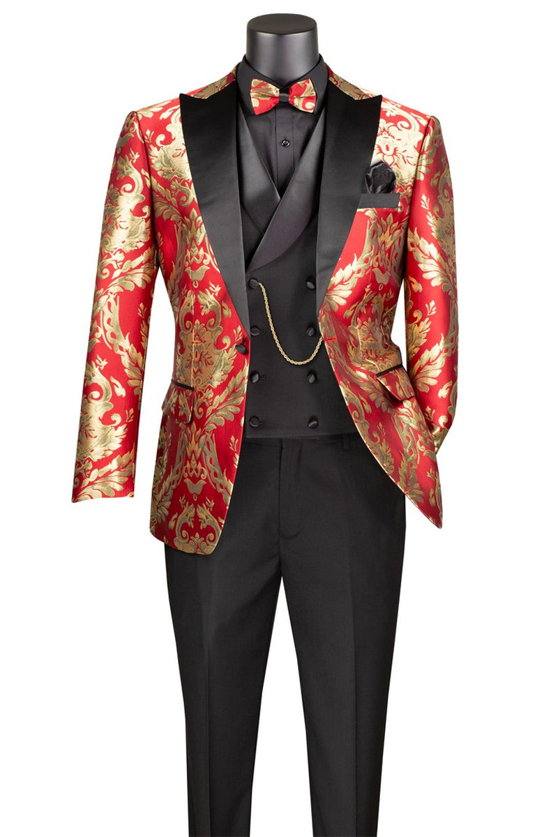 Men’s Shiny Paisley Jacquard Vested Wedding & Prom Tuxedo in Red & Gold