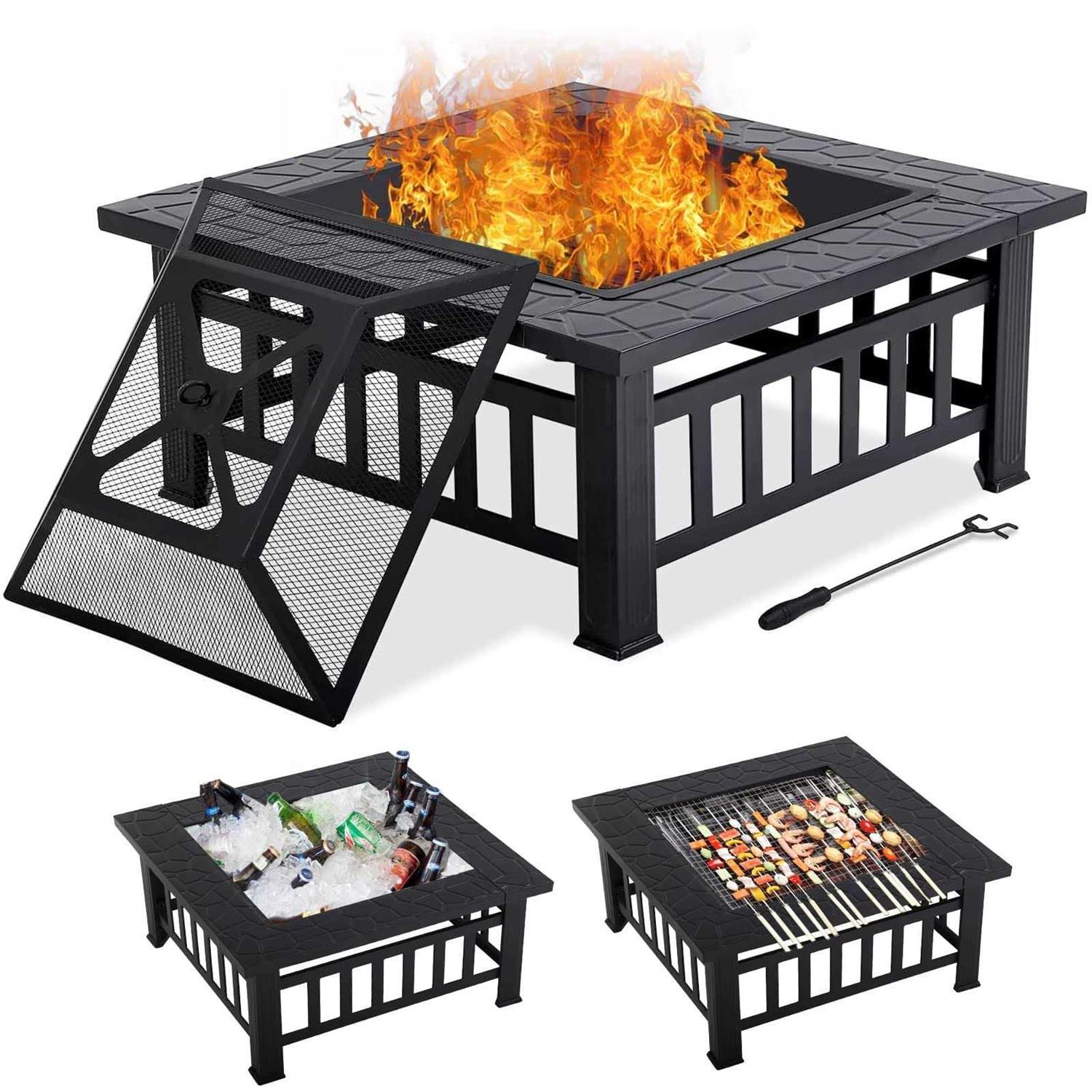 Hkeli Fire Pit 32 inch Wood Burning Fire Pits Outdoor Fireplace Multifunctional Metal Square Firepit with Spark Screen & Safety