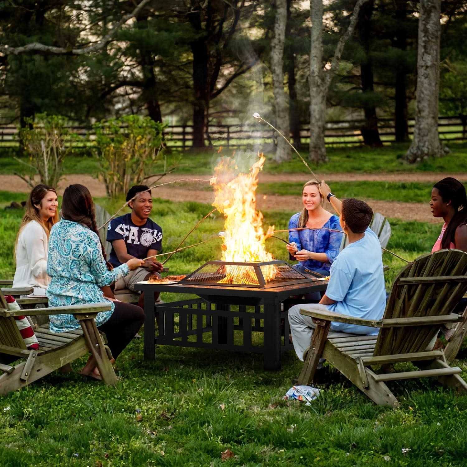 Devoko Outdoor 32 inch Square Metal Fire Pit with Cover and Poker