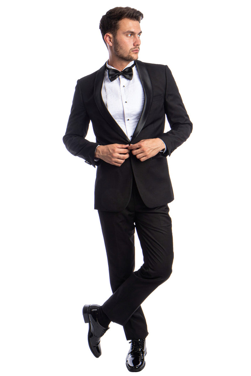 Men’s Skinny Fit One Button Shawl Prom Tuxedo in Black