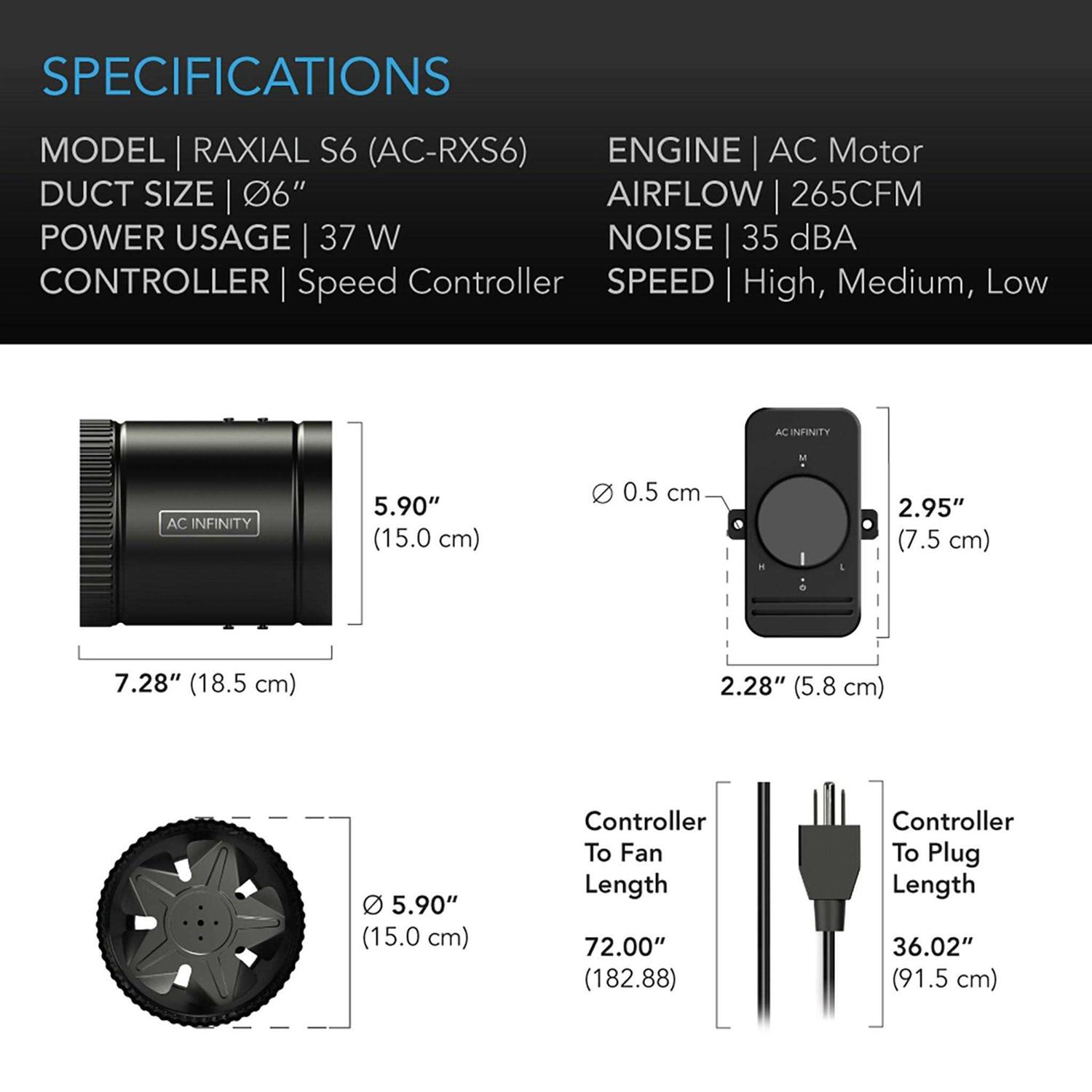 AC Infinity RAXIAL S6 Inline Booster Duct Fan with Speed Controller 6