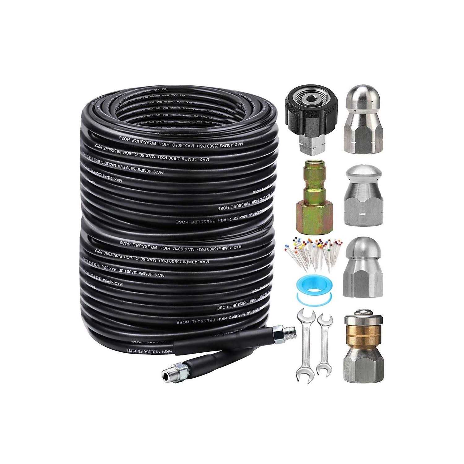 ZOFINE Sewer Jetter Kit for Pressure Washer Newest 5800PSI Drain Cleaner Hose 1/4 Inch NPT Corner, Rotating and Button Nose Sewer Jetting Nozzle