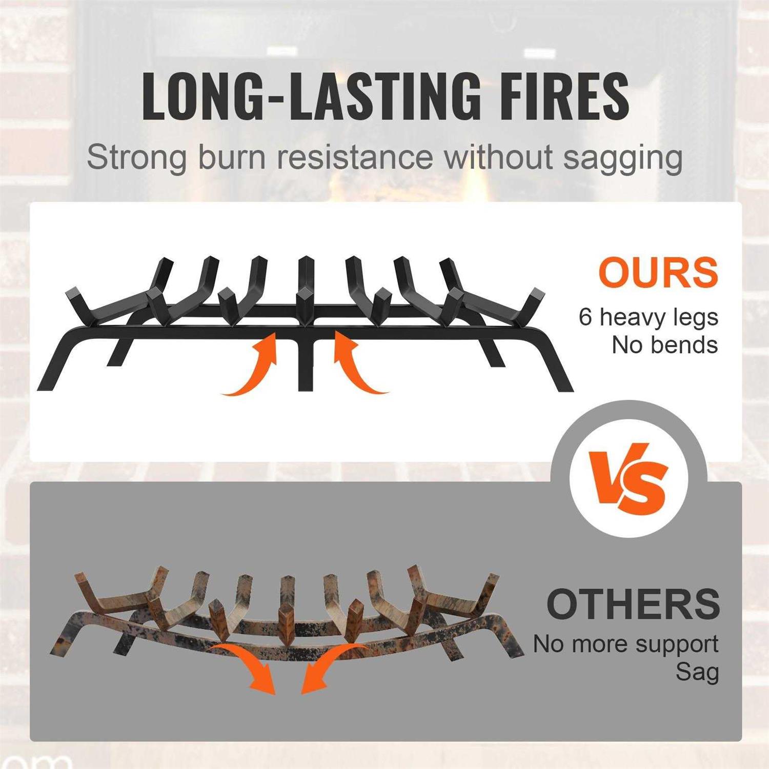 VEVOR Fireplace Log Grate Heavy-Duty Fireplace Grate Solid Powder-coated Steel Bars Log Firewood Burning Rack Holder