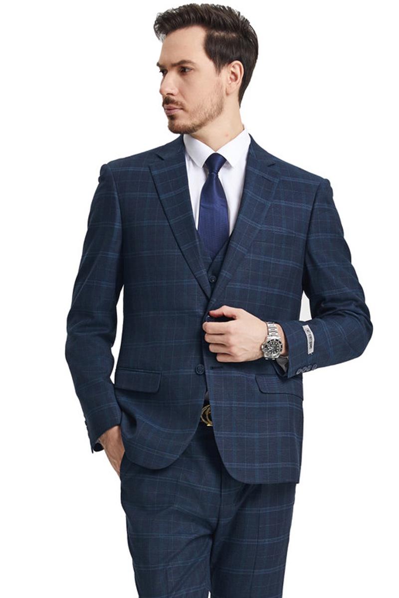 Men’s Stacy Adams Vested Modern Fit Windowpane Plaid Suit in Navy Blue