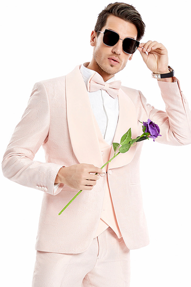 Men’s One Button Vested Wide Shawl Lapel Lace Style Paisley Prom & Wedding Tuxedo in Blush Pink