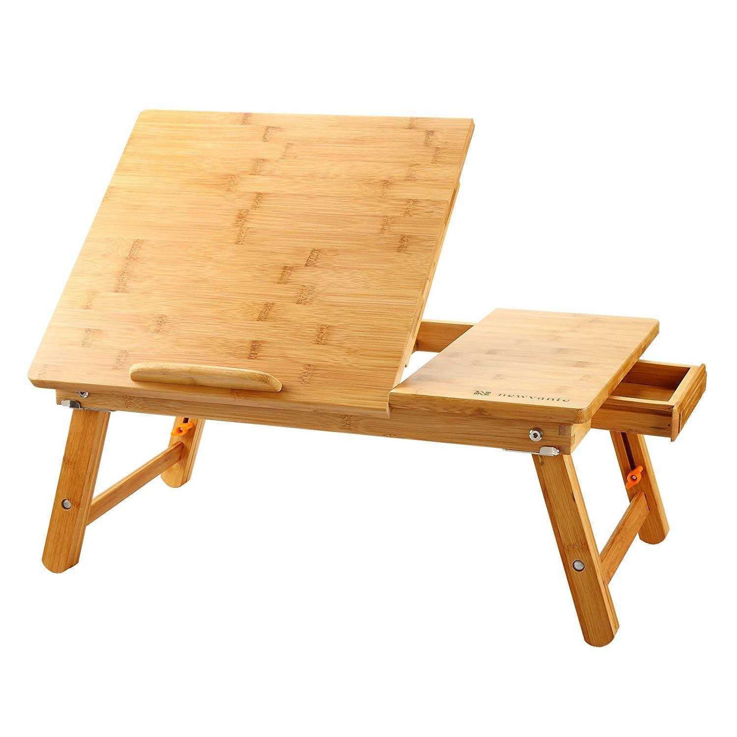 Laptop Desk Nnewvante Table Adjustable Bamboo Foldable Breakfast Serving Bed Tray w’ Tilting Top Drawer